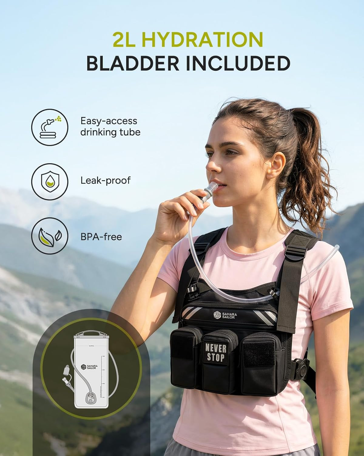 Running Vest with 2L Water Bladder, Hydration Vest | for Women and Men, Breathable Durable Chest Pack with Waterproof Pockets for Jogging, Trail Running, Hiking